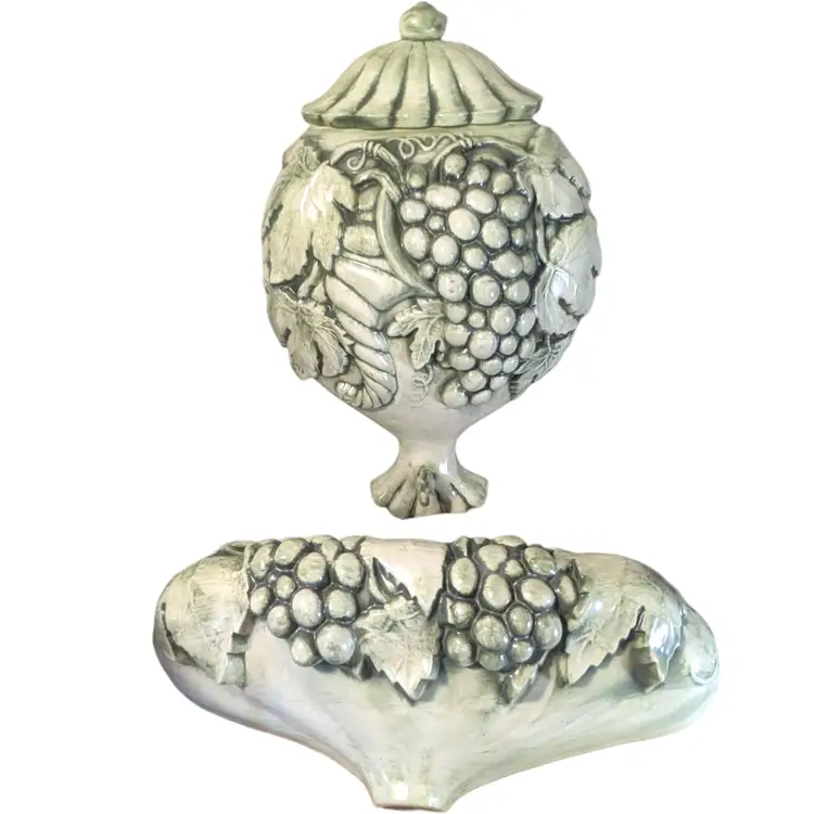 Vintage Arnel Ceramic Grapevine Wall Pocket Fountain Planter Three Piece Signed 1969