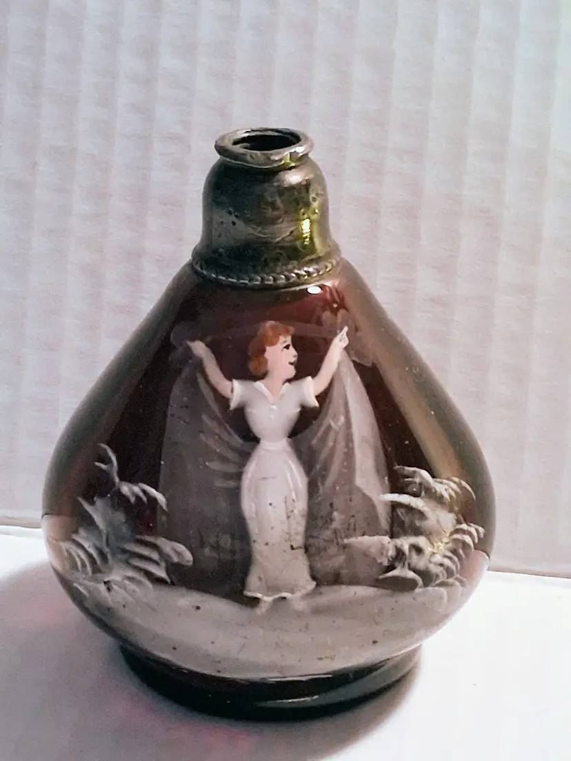 VERY RARE Bohemian Sterling Silver & Purple Amethyst Glass, Mary Gregory Hand Painted Perfume Atomizer Bottle c1890-1910.