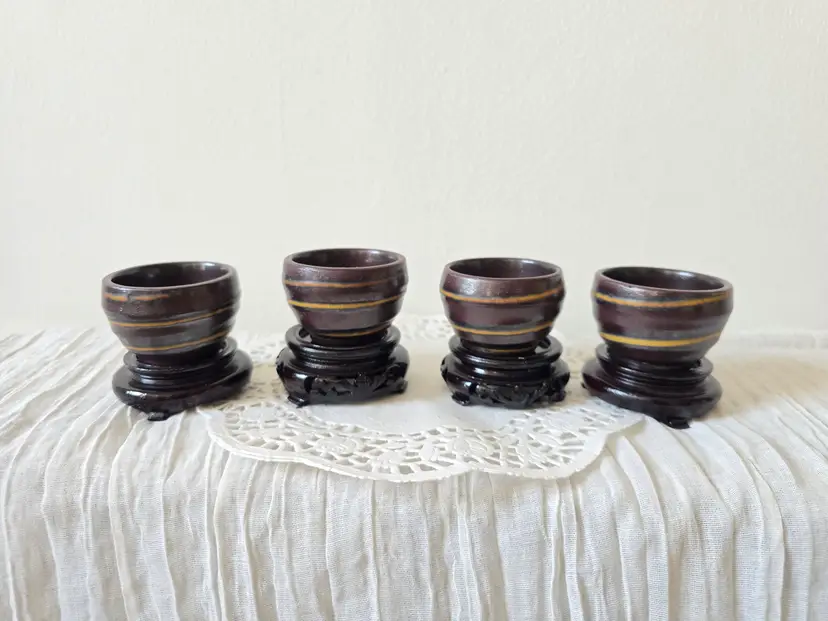 Set of 4 Vintage Japanese Handmade Yunomi Tea Cups Sake Cups set– Brown Tenmoku Glaze – Wabi Sabi Mingei Pottery Rustic Tea Ceremony Decor