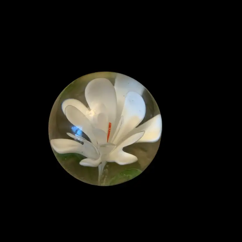 Clear Paperweight W/White Flower 1 3/4 Inches