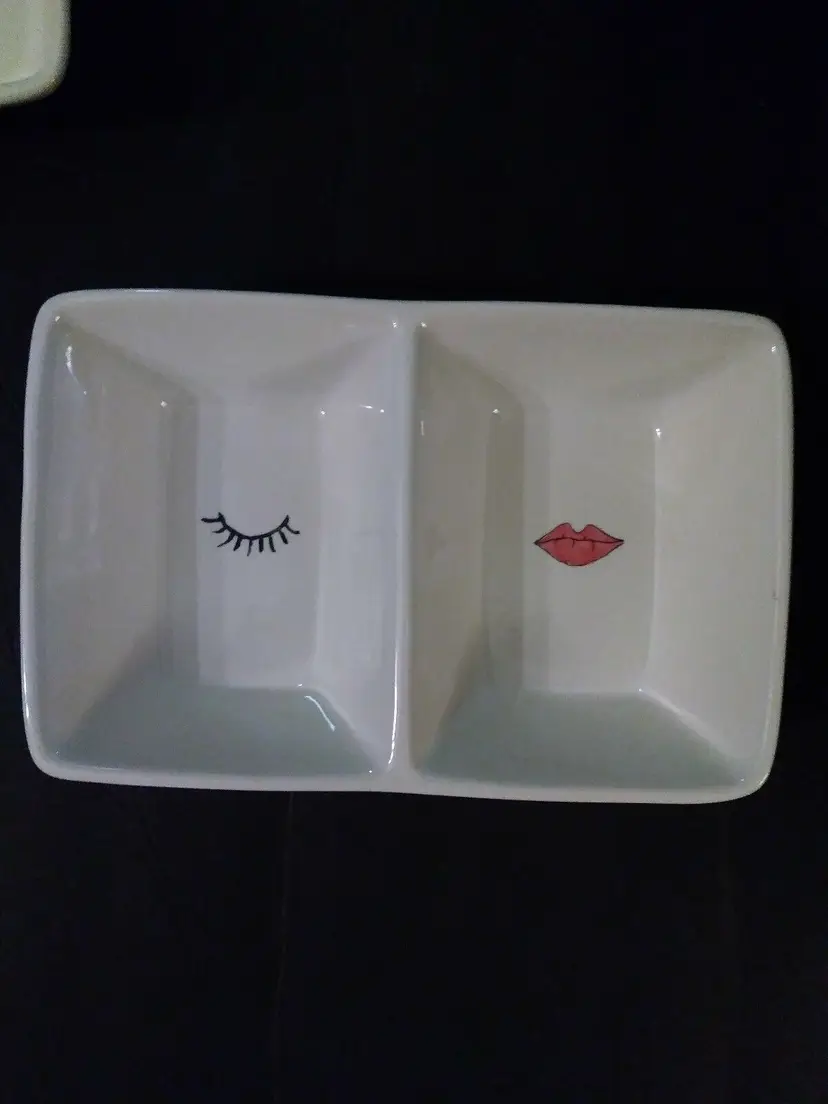 Rae Dunn Red Lips Lipstick Kiss 8"x5" Stoneware Double Tray