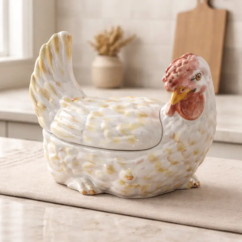 Vintage Italian Ceramic Hen on Nest Lidded Dish/Tourine, 9" x 6.5"