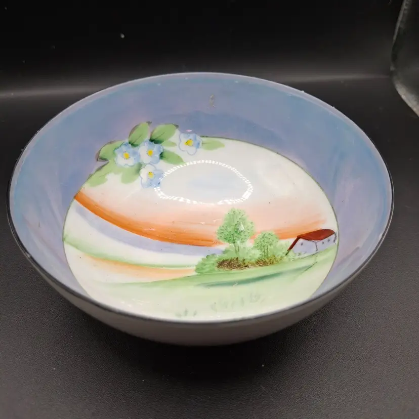 Vintage James Studio China Hand-Painted Footed Bowl House Trees Flowers