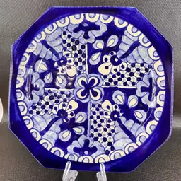 Talavera Mexican Redware Pottery Decorative Wall Plate Blue And White