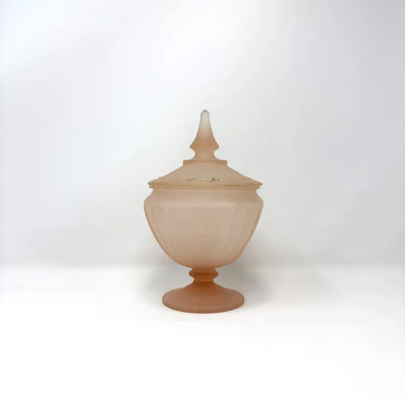 Frosted Pink Glass Candy Dish with Lid – Mayfair Depression Glass, 1930s  (0001-26)