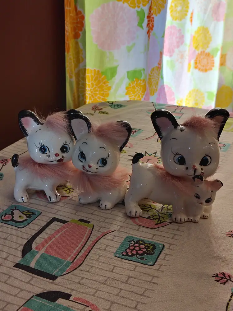 Vintage Set of Adorable Puppies | Kitschy Figurine Plus Matching Salt and Pepper Shakers | Puppies with Licky Tongues and Pink Real Fur Accents | 1960s Made in Japan