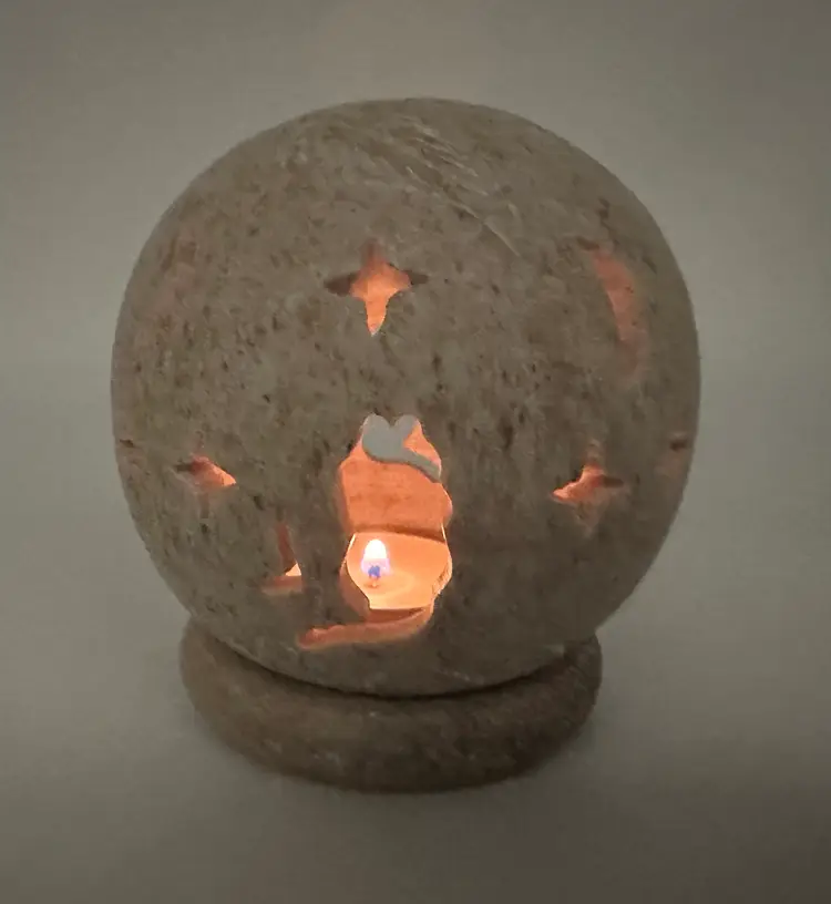 Cat Moon Star Leaves Cut Out Carved Soapstone Tea Light Candle Holder 4.5"