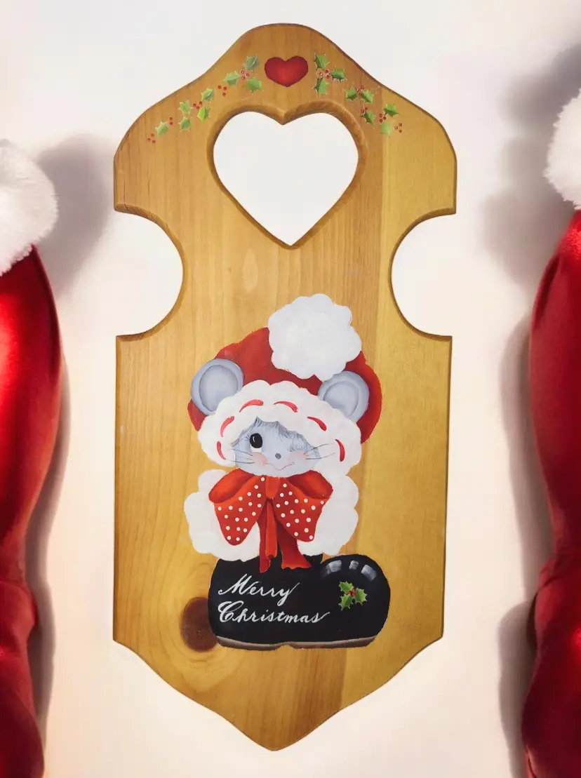 Handpainted Christmas Kitschy Mouse Wood Board Decor Vintage 21in Holiday Holly