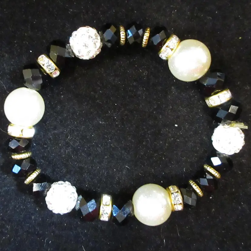 Vintage Estate Stretch Bracelet with Black Faceted Lucite Beads, Faux Pearls and Rhinestone Balls with Gold Tone Spacers
