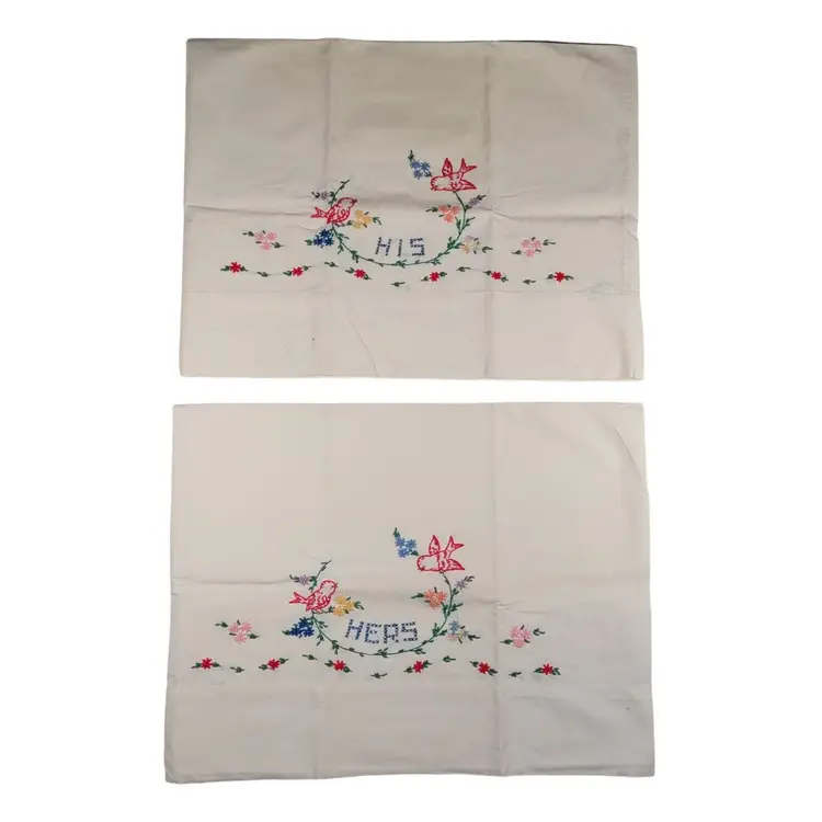 2 Vintage Hand Embroidered His and Hers Pillowcases 100% Cotton 42x38