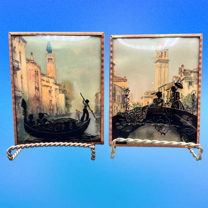 #168A Vintage Pair Of Reverse Painted Shillouette Paintings On Convex/Bubble Glass Framed. One Depicts Women On A Bridge And The Other A Gondola On A River 
Each Are 5” X 4”