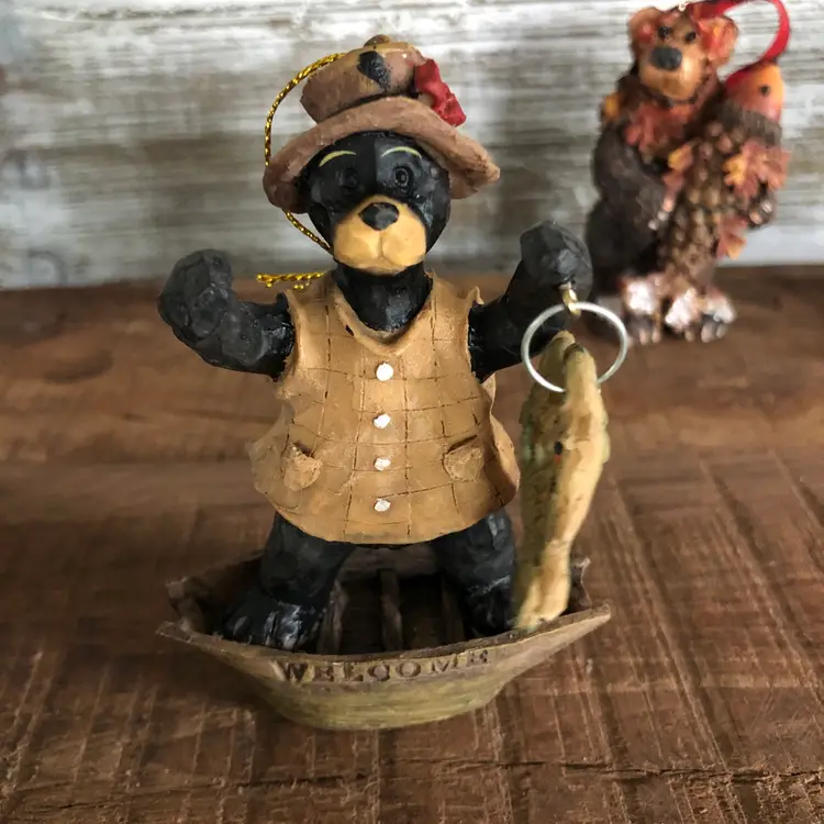 Set Of 5 Cute Bear Christmas Tree Ornaments Fishing Boating Cabin Outdoors Natur