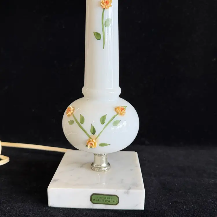 Vintage Hand Painted Table Lamp Marble Base Italy 3D Flowers Fabric&Fringe Shade 13”