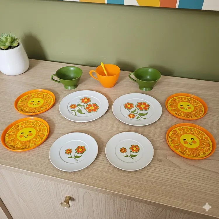 Vintage 1970s Tea Set Lot Chilton Toys Flower Power & Merry Toys Happy Sun Dishes