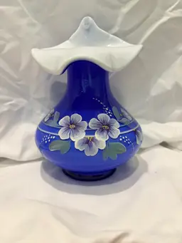 Fenton Cased Cobalt Hand Painted Tulip Vase