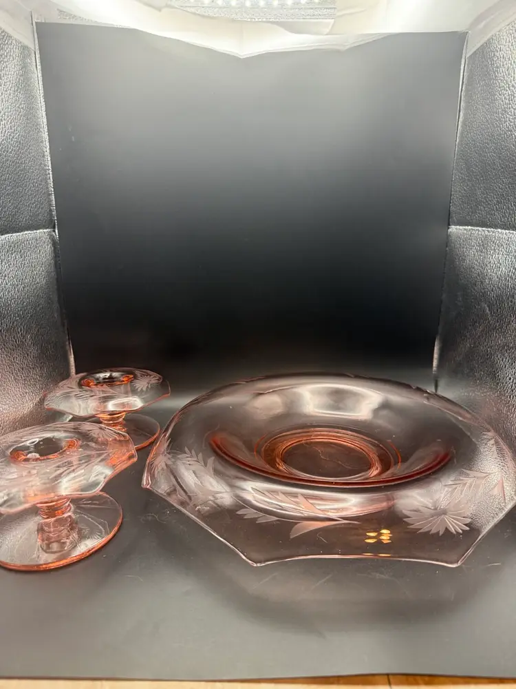 Paden City Ardith Pink Depression Glass Rolled Floral Etched Console Bowl And Two Candle Holders