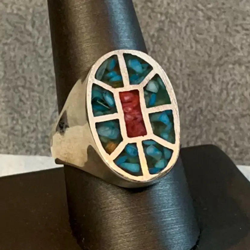 Turquoise and Coral in Sterling Silver Ring sz 10.25