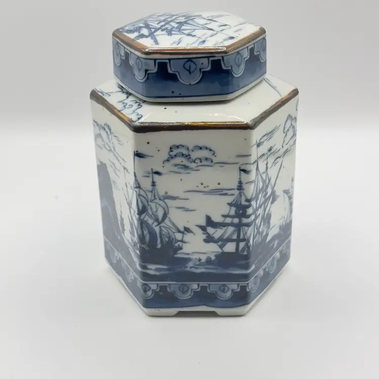 Vintage Blue & White Hexagonal Porcelain Tea Caddy Jar Canister Lidded Nautical Design, Hand-painted, Unbranded, Made in China