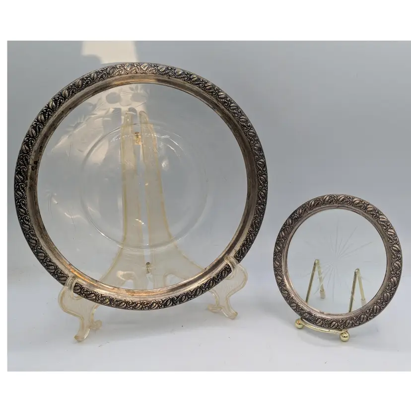 Webster Company Sterling Rim Etched Glass plate and Wine Bottle Coaster