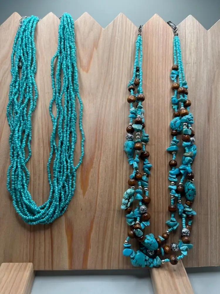 Pair Of Bohemian Multi-Strand Synthetic Turquoise Necklaces