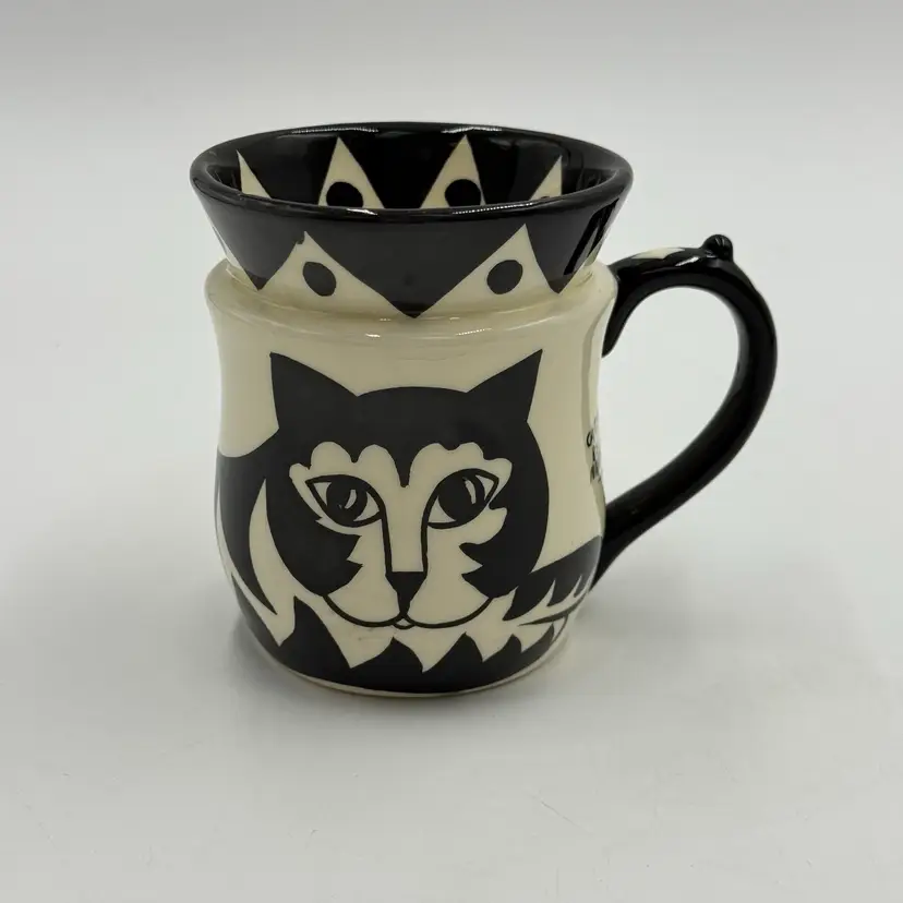 Cats By Nina Lyman Hand Painted Ceramic Mug Black White Cat 2001 Shark Tooth Rim