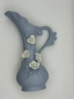 Porcelain Bisque Bud Vase, Pitcher Shape, Blue With Applied White Roses 6”