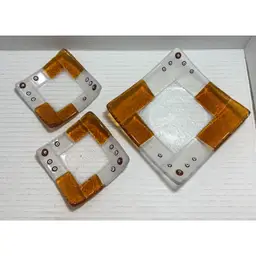 3 Fused Glass Square Trinket, Candy, Coin Dishes Or Candle Holders. 1- 5.25” and 2- 3.5” Amber, Frosted W/ Millefiori