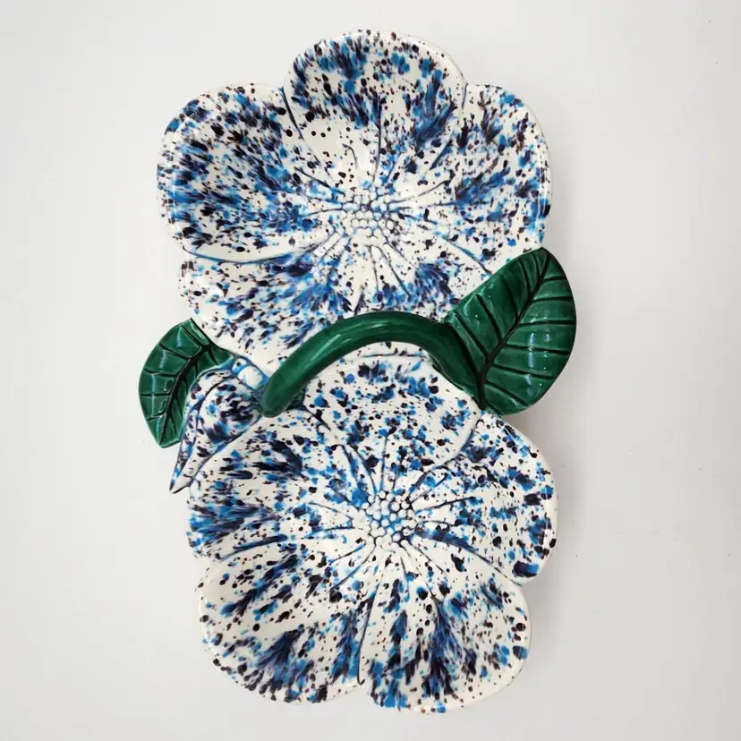 Double Flower Ceramic Dish - Blue Speckled Vintage Hobbyist Painted Cottage Core