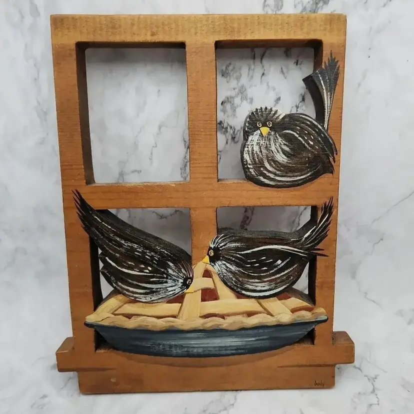 Hand Painted Wooden Window with Pie and Birds, Wall Hanging, Signed