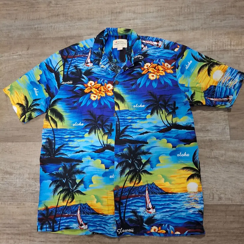 Hawaiian Creations Aloha Shirt Tropical Sunset Palm Trees Print Button-Up Size M