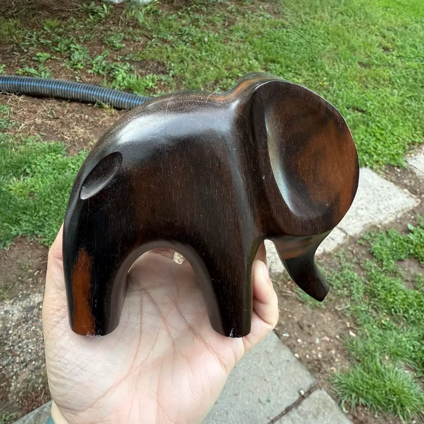 Vintage MCM Dark Brown Solid Wood Elephant Sculpture Carved