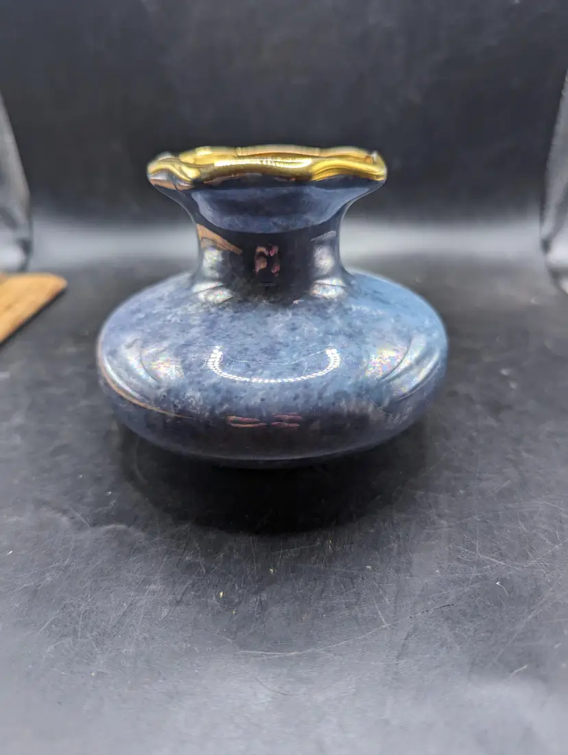 Vintage Holley Ross Iridescent Blue Mini Vase With Gold Trim