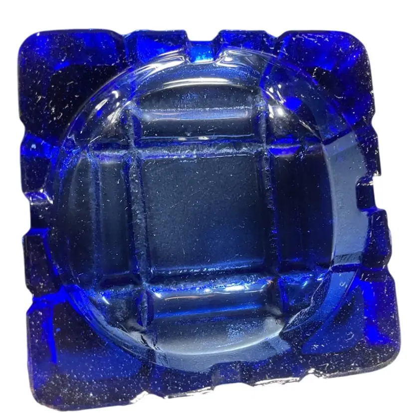 Art Deco Vintage Cobalt Blue Glass Ashtray Square Design