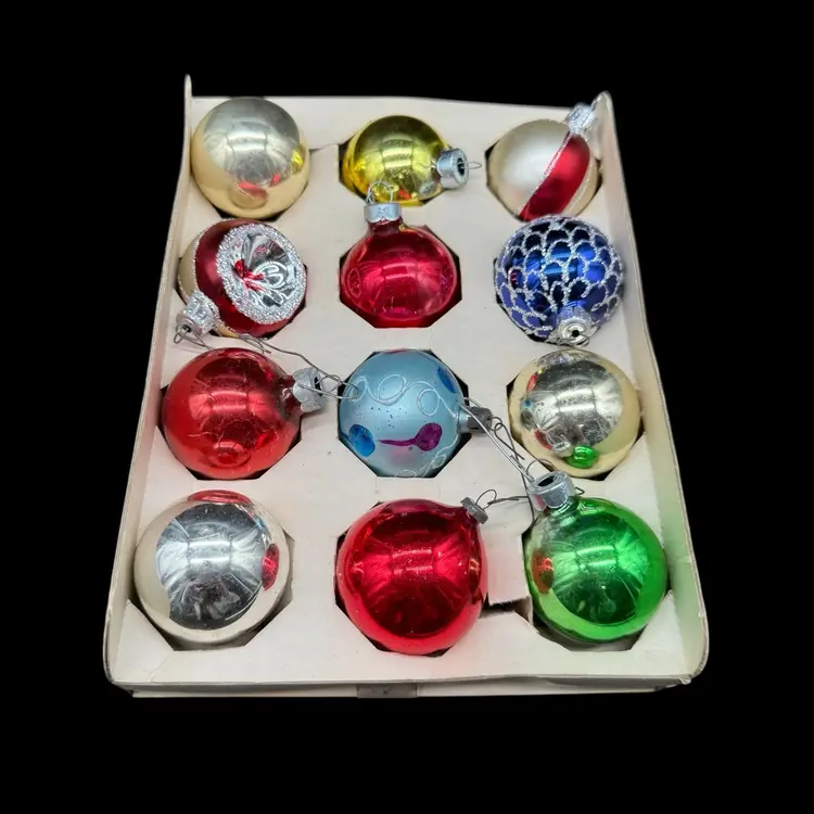 Mixed Lot 12 Vintage Christmas Glass Ornaments Indent Stripes Solid USA Poland