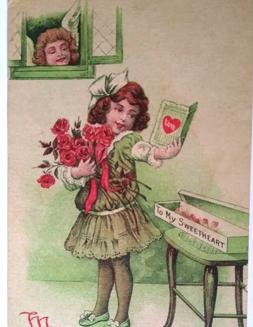 Valentines Day Fantasy Postcard Cupid Window Victorian Girl Gift Box Roses 5002