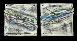 Set of 2 Studio Art Pottery Ceramic Abstract Wall Tiles Mural Rainbow Pastel