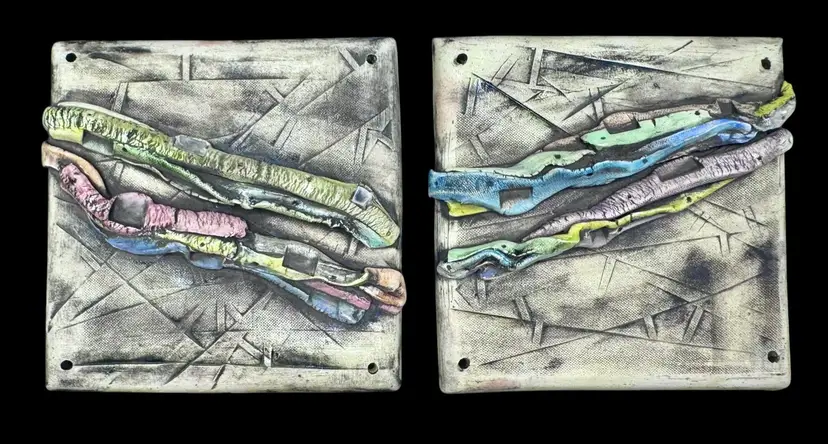 Set of 2 Studio Art Pottery Ceramic Abstract Wall Tiles Mural Rainbow Pastel