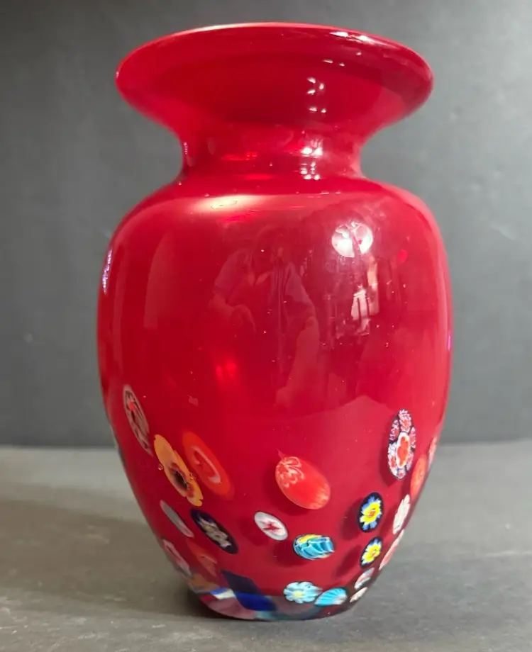 Murano Italian Art Glass Red Vase Hand Blown Millefiori Art Glass Vase