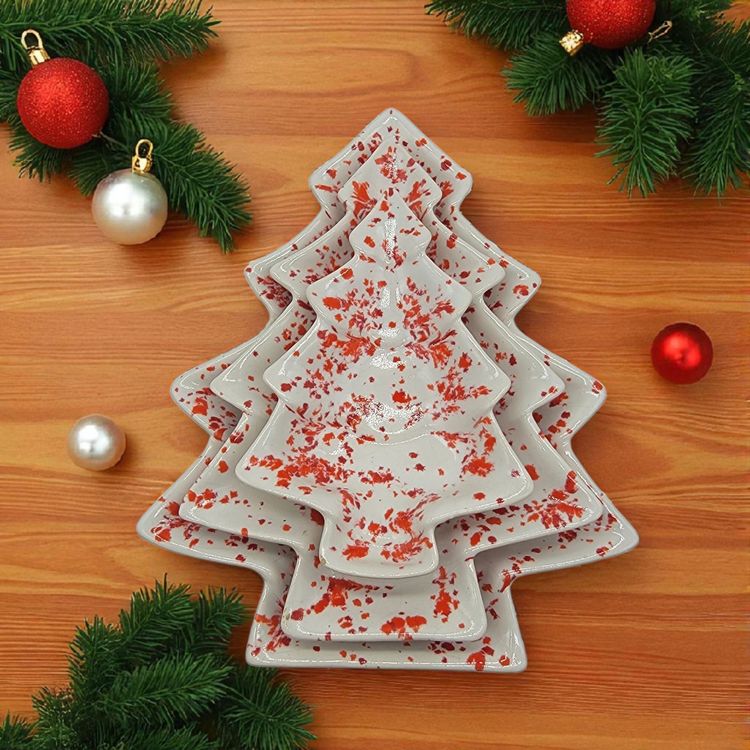 Set Of 3 Ceramic Hobbyist Christmas Tree Shaped Festive Red Splatter Trays