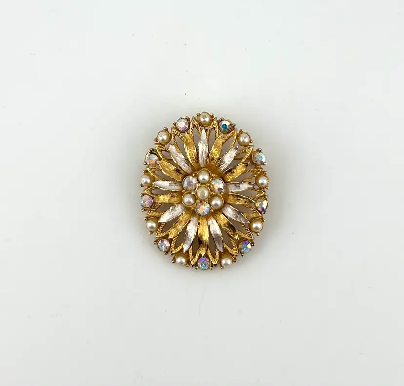Vintage Gold and Silver Tone Brooch/Pendant With Faux Pearls and AB Rhinestones 2βx 1.5β