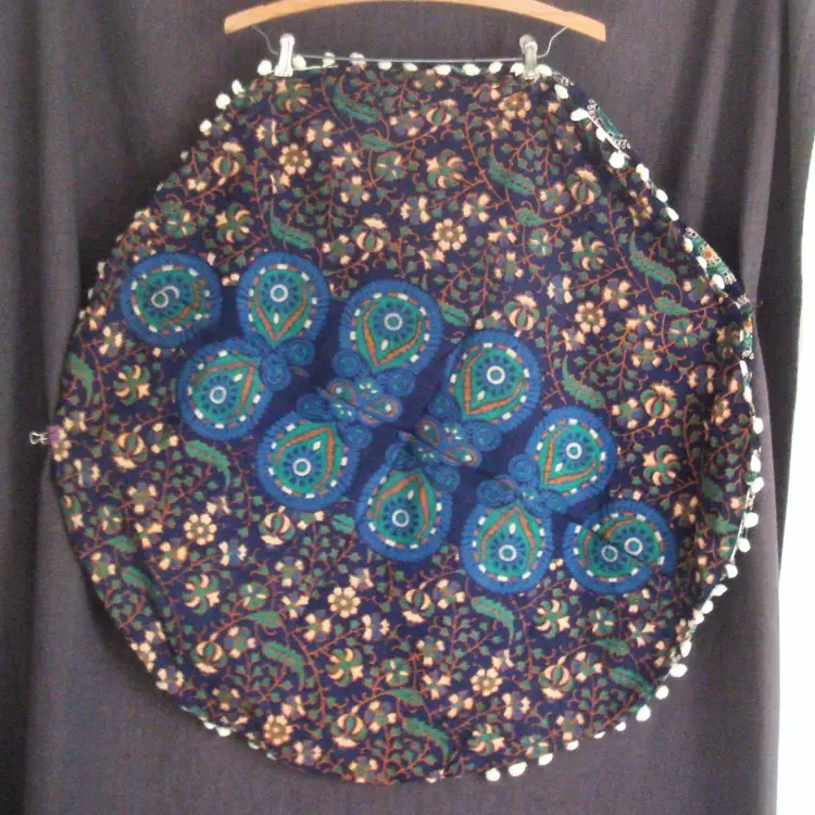 Boho Tribal Indigo Blue Large Round Pillow Cover Pom Pom Decor NWOT