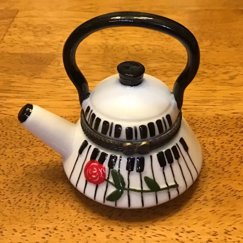 Teapot Trinket Box Black and White with Piano & Red Rose Design Trinket Included
