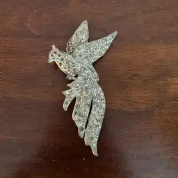 Vintage Pot Metal Bird Brooch Pin with Rhinestones 1920-30 Silver Red Eye