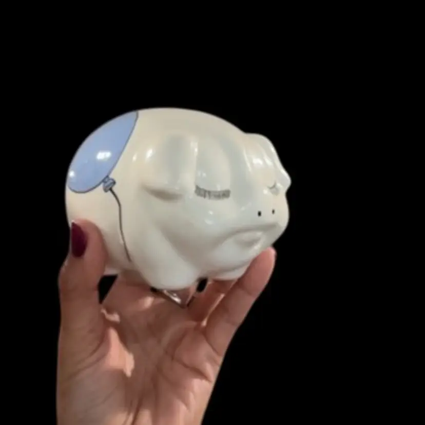 #07 1993 Artist Signed Hand Painted White Piggy With Blue Ballon Bank 4” 🐽🎈