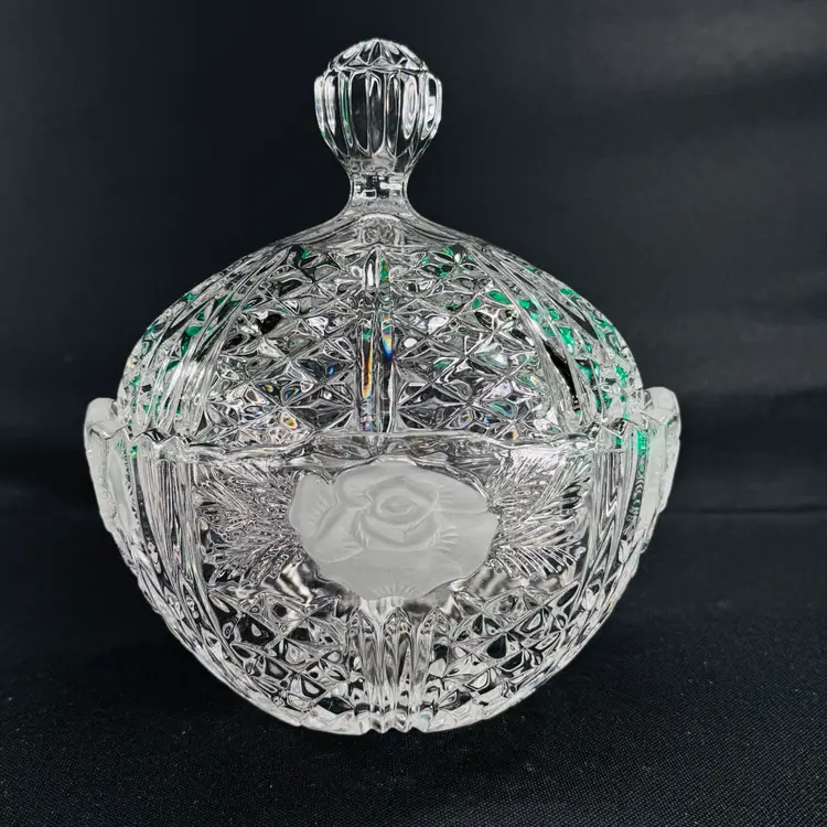 Crystal Candy Dish With Frosted Rose Design