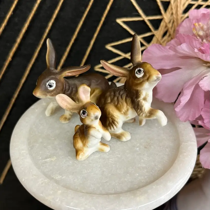 Porcelain Brown Bunny Family Figurine Set, Set Of Three Porcelain Rabbit Miniature Figurines