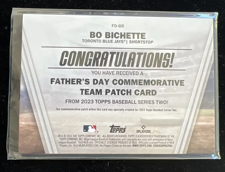 2023 Topps Series 2 Bo Bichette Father's Day Commemorative Team Patches #FD-BB ⚾