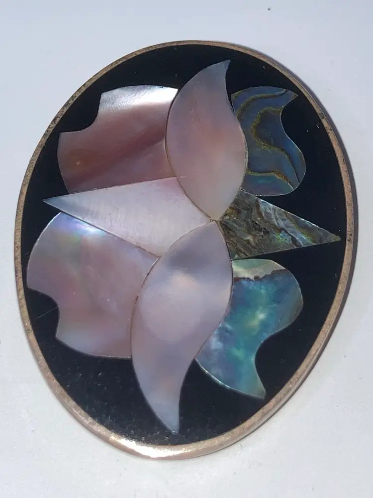 Vintage Sterling Mother Of Pearl And Abalone Floral Brooch! Stamped And Acid Tested! 2 3/4”! Stamped Alpaca Mexico!