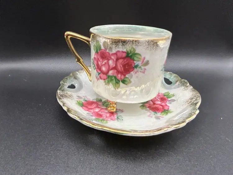 Japanese Lusterware Three Footed Teacup and Saucer Pink Rose Gold Trim Vintage