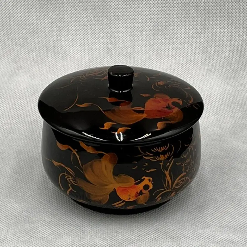 Vintage Painted Koi Fish Lacquerware Wood Trinket Box with Lid - Vietnam